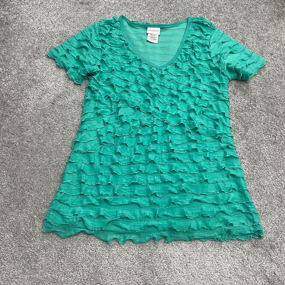Jaclyn Smith Ruffles Blouse Womens Small Green Short Sleeve V-Neck Casual Top